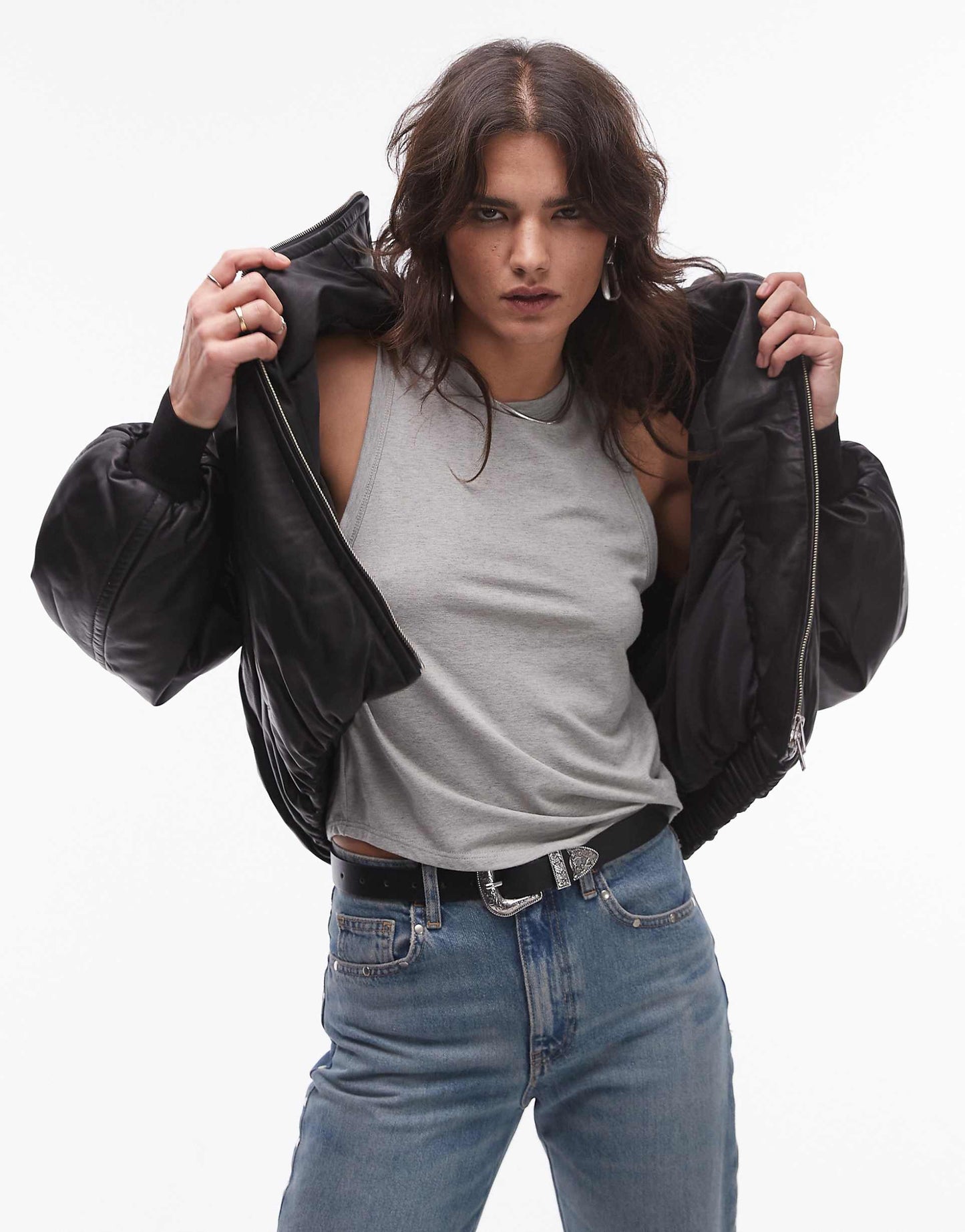 Rowan Leather Bomber Jacket With Funnel Collar