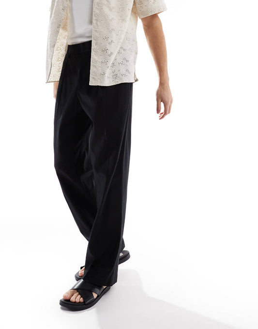 Smart Wide Leg Linen Blend Trousers With Front Pleat