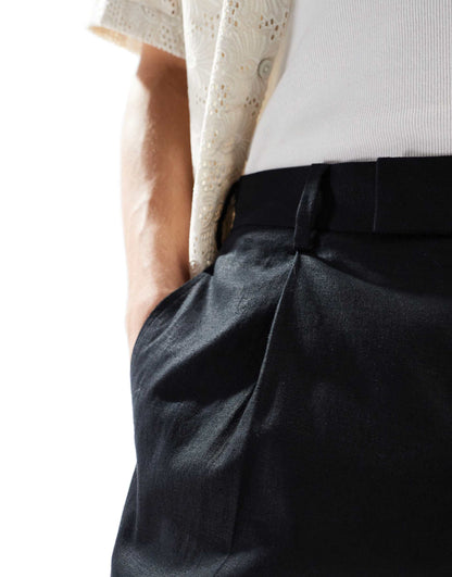 Smart Wide Leg Linen Blend Trousers With Front Pleat