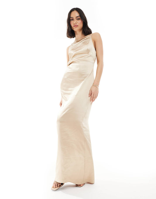 Bridesmaid Satin Boat Neck Maxi Dress