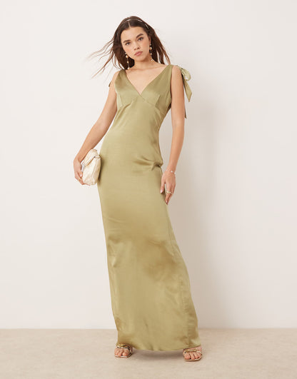 Bridesmaid Tie Shoulder Satin Maxi Dress