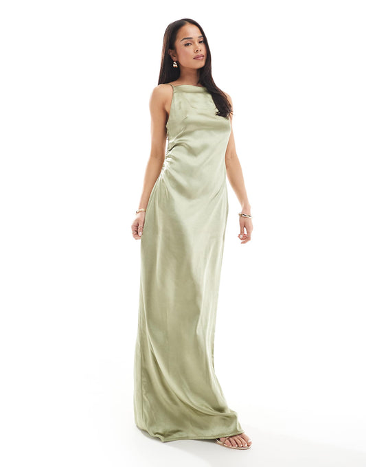 Bridesmaid Satin Boat Neck Maxi Dress