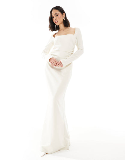 Bridesmaid Long Sleeve Square Neck Crepe Maxi Dress