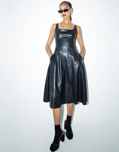 A-Line Faux Leather Midi Dress