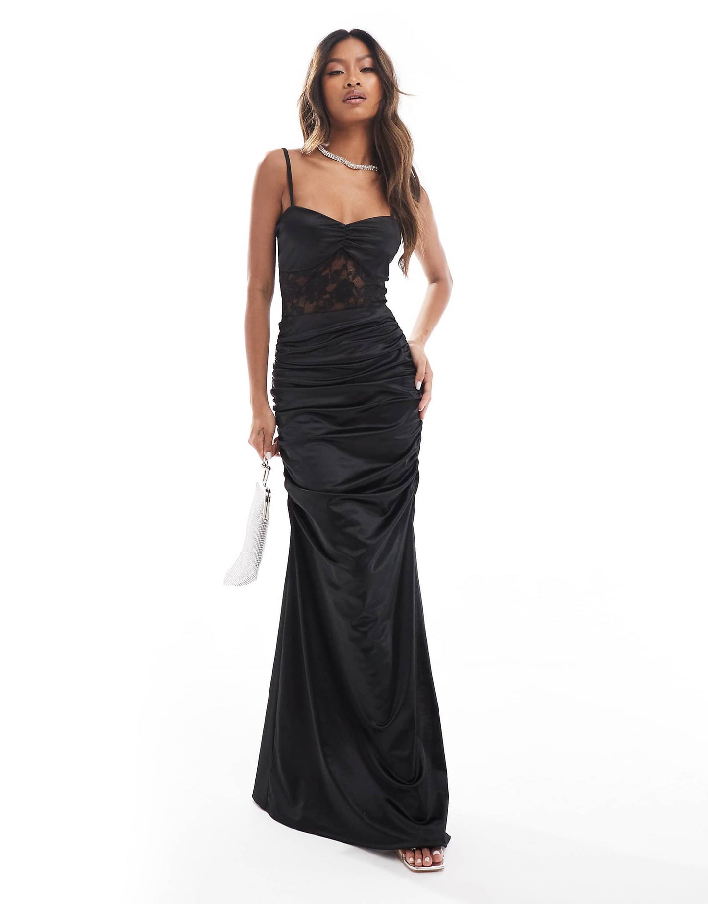 Lace & Satin Ruched Faux-Ord Maxi