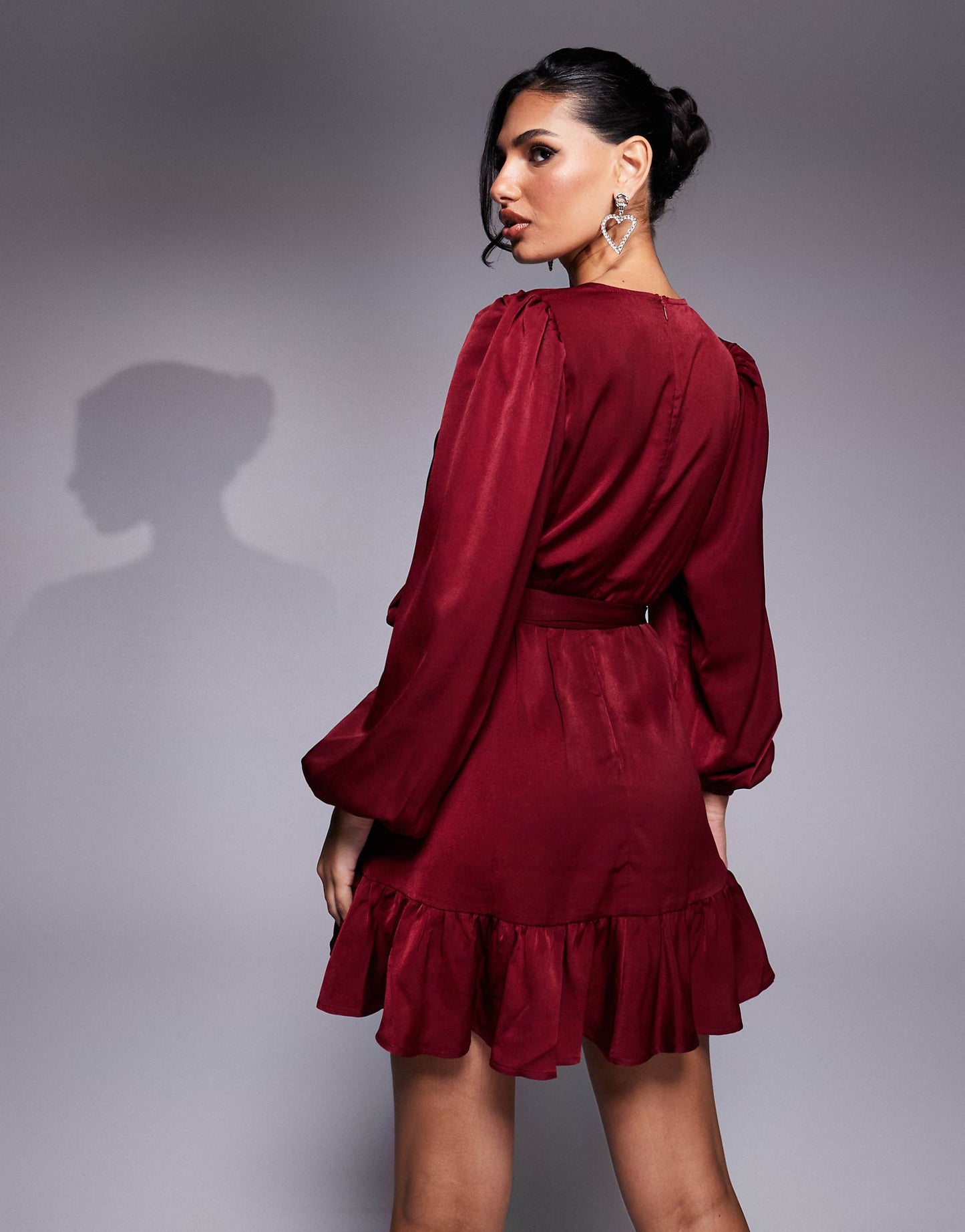 Liquid Satin Ruffle Tie Waist Mini Dress