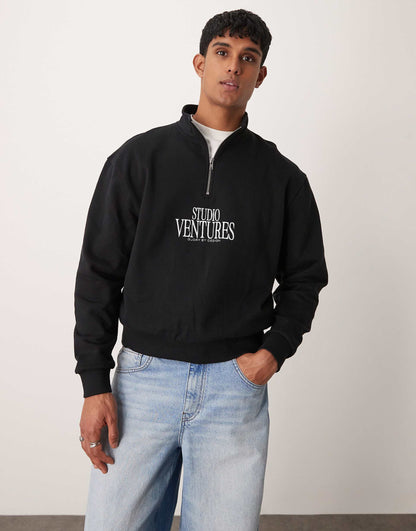 Boxy Oversized Funnel Neck Sweatshirt With Chest Print