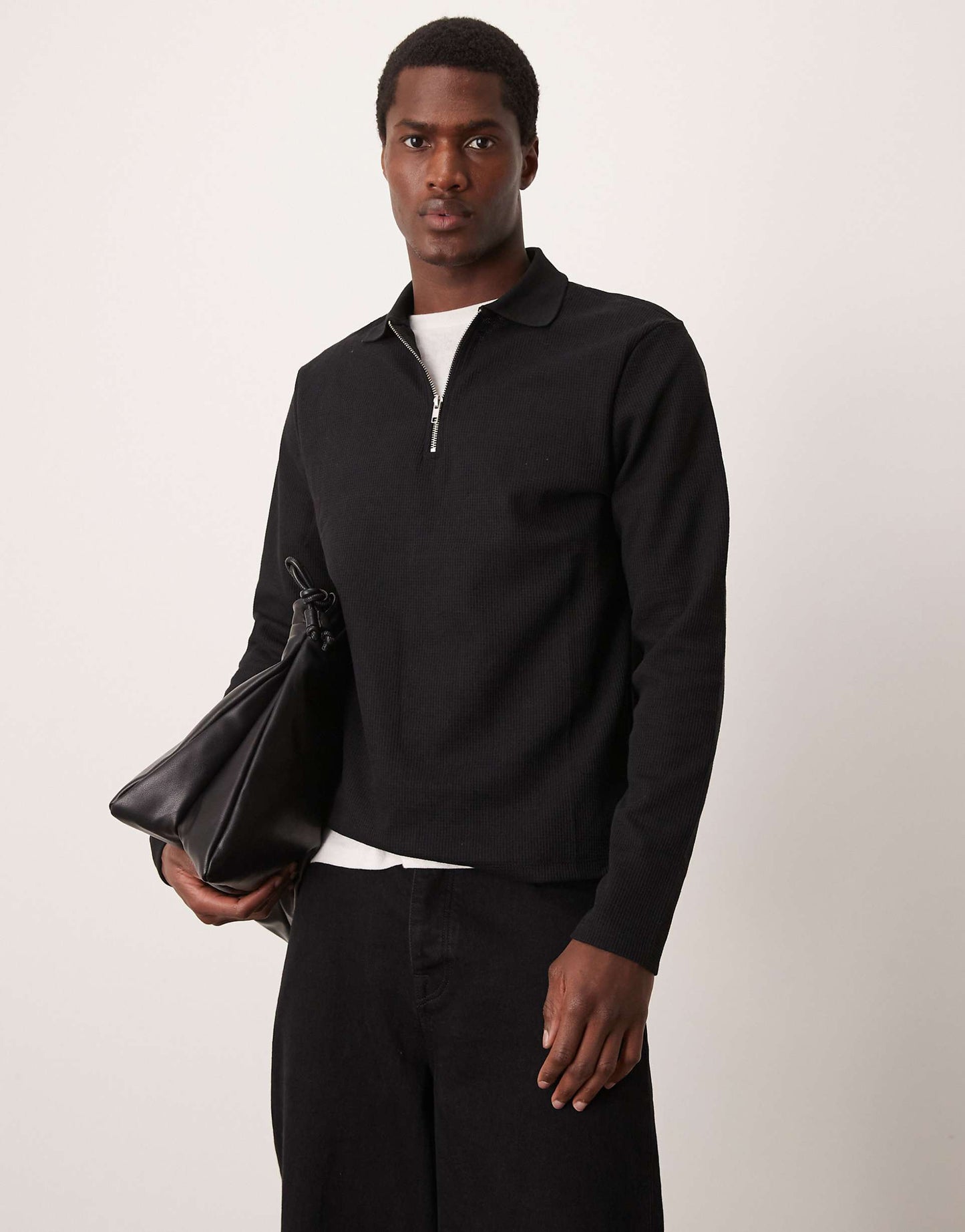 Long Sleeve Polo Shirt With Waffle Texture