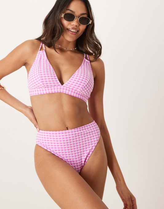Fuller Bust Textured Gingham High Waist Bikini Bottom