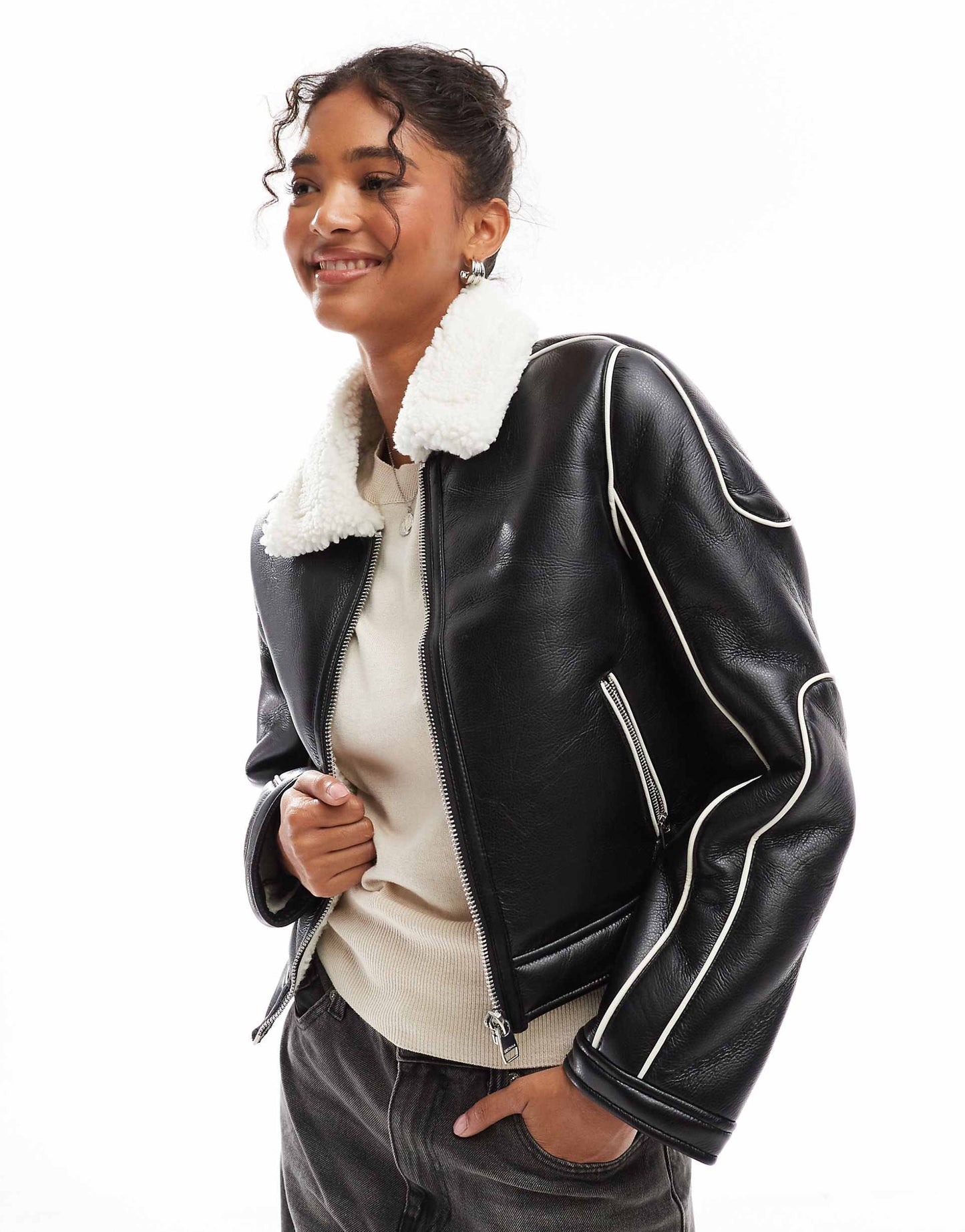 Double Faced Aviator Jacket With Fur Trim