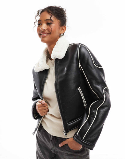 Double Faced Aviator Jacket With Fur Trim