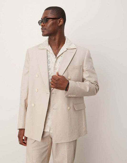 Double Breasted Regular Suit Jacket With Linen