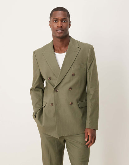 Double Breasted Slim Suit Jacket With Linen