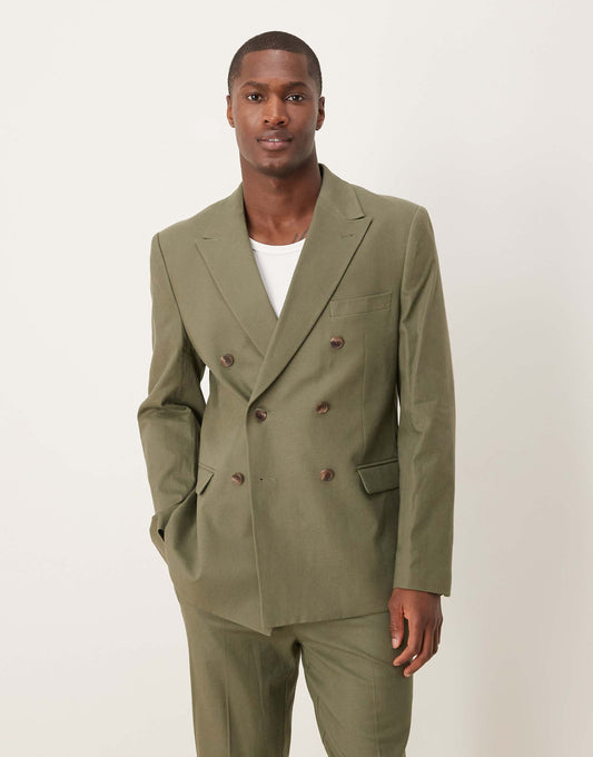 Double Breasted Slim Suit Jacket With Linen