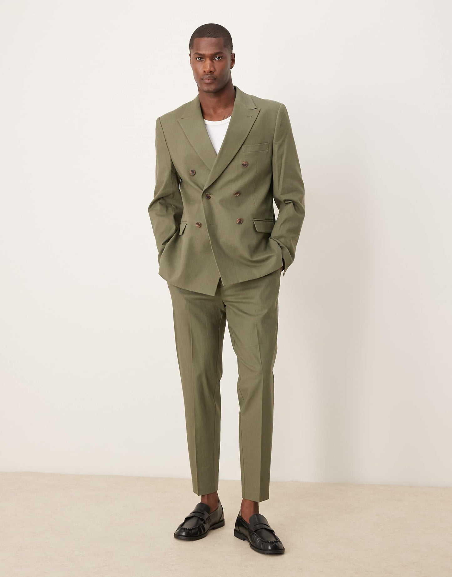 Double Breasted Slim Suit Jacket With Linen
