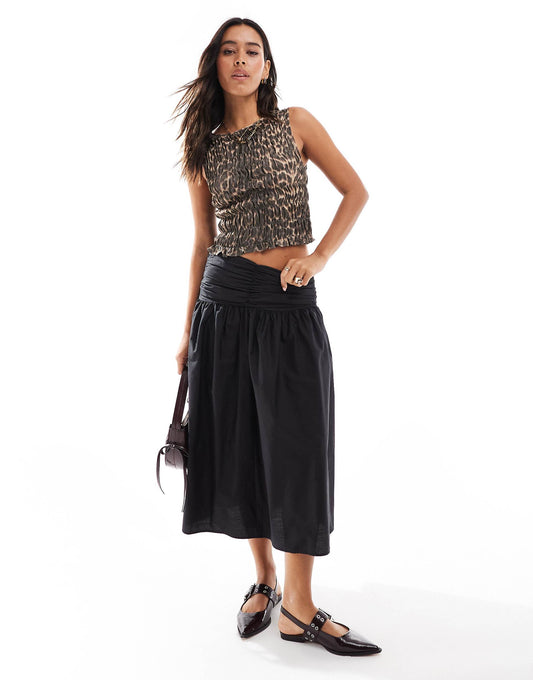 Ruched Poplin Midi Skirt