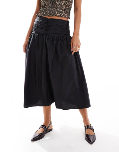 Ruched Poplin Midi Skirt