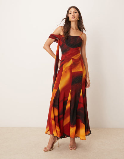 Drop Waist Tie Sleeve Maxi Dress