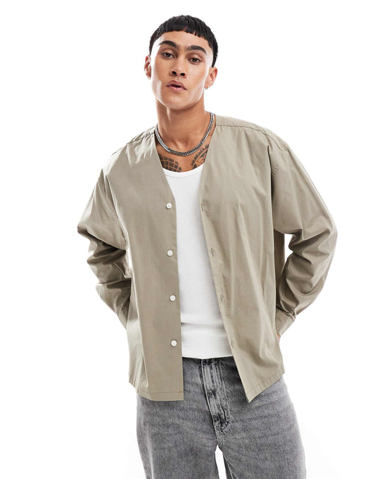 Oversized Boxy Shirt With Baseball Collar