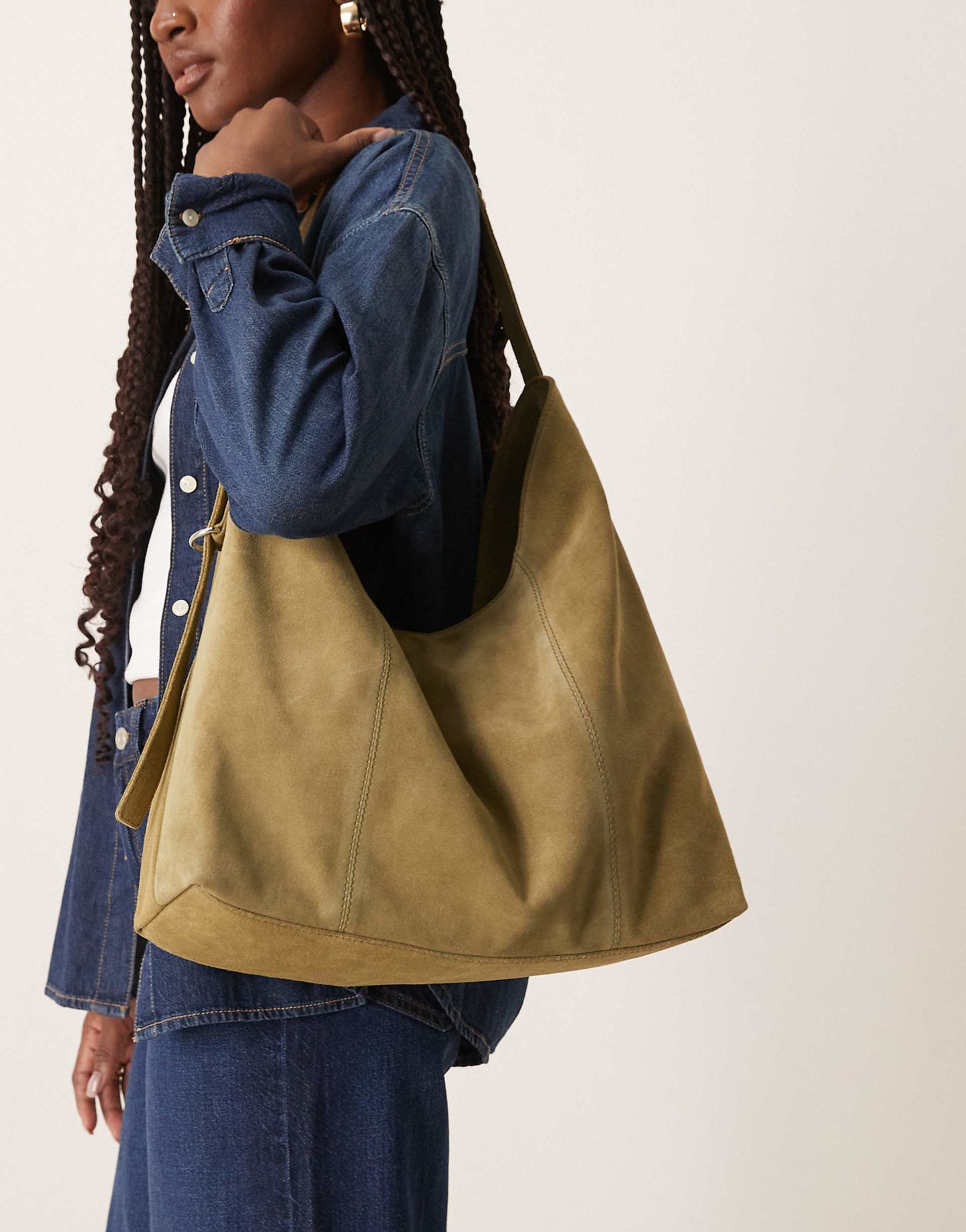 Suede Slouch Buckle Tote Bag