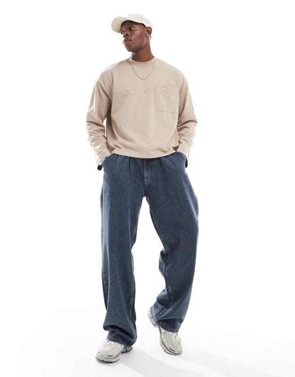 Heavyweight Oversized Boxy Long Sleeve T-Shirt With Front Pocket