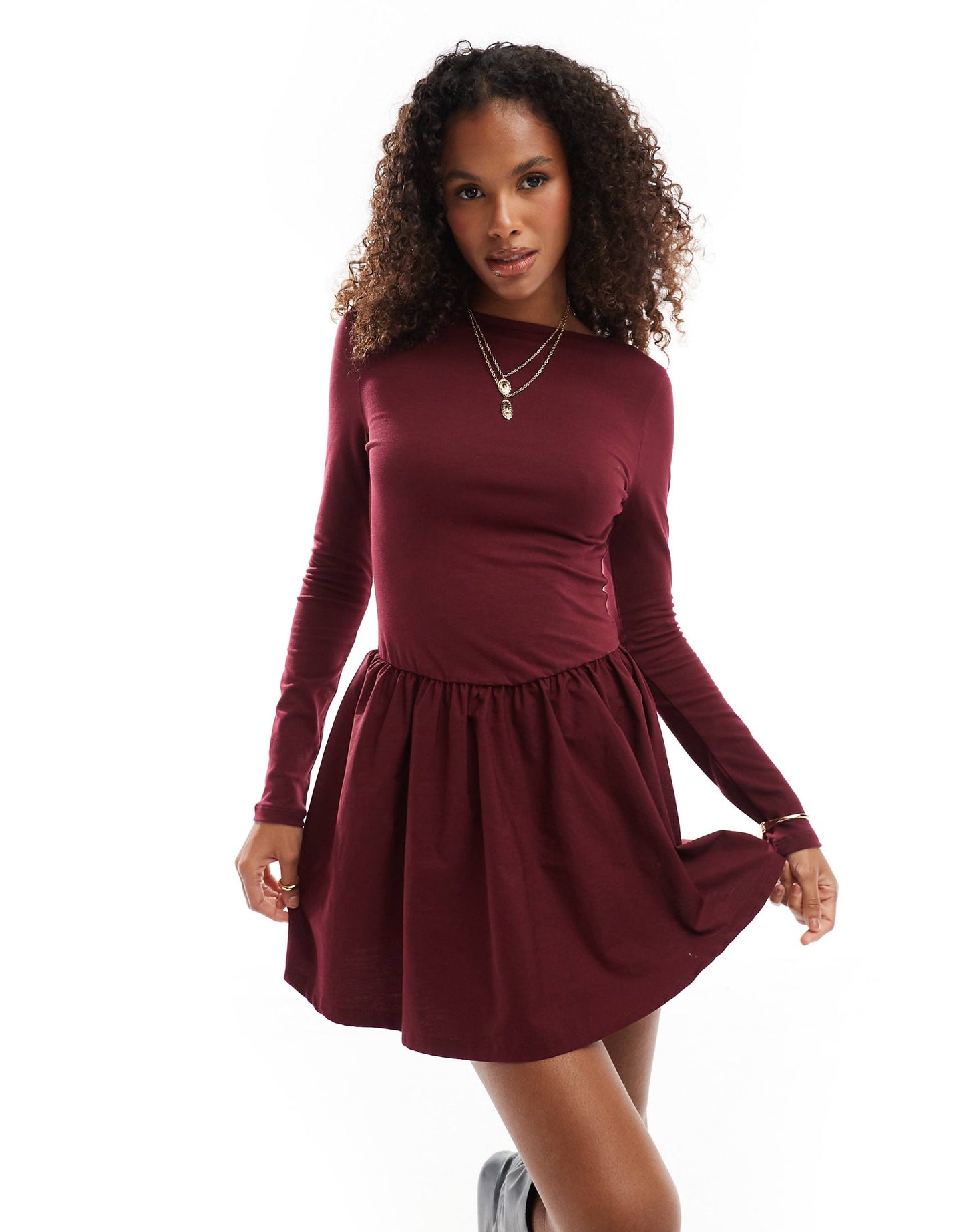 Low Back Long Sleeve Poplin Mix Skater Dress