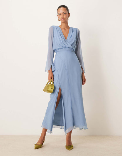 Wrap Front Midi Dress With Seaming Details