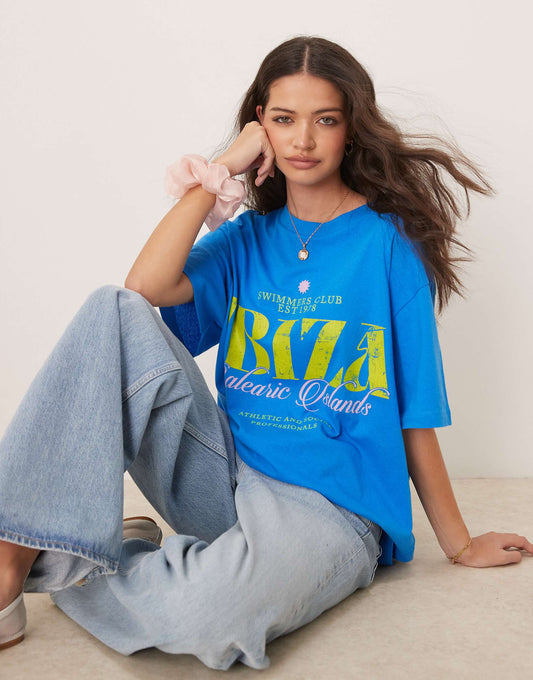 Oversized Textured T-Shirt With Ibiza Graphic