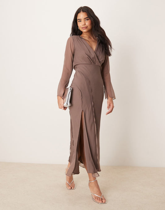 Wrap Front Midi Dress With Seaming Details