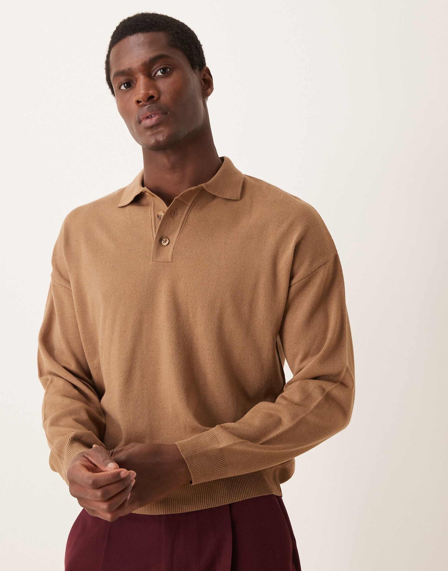 Relaxed Boxy Fit Knitted Long Sleeve Polo