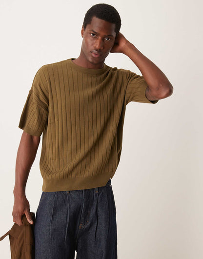 Relaxed Boxy Fit Ribbed Knitted Tshirt