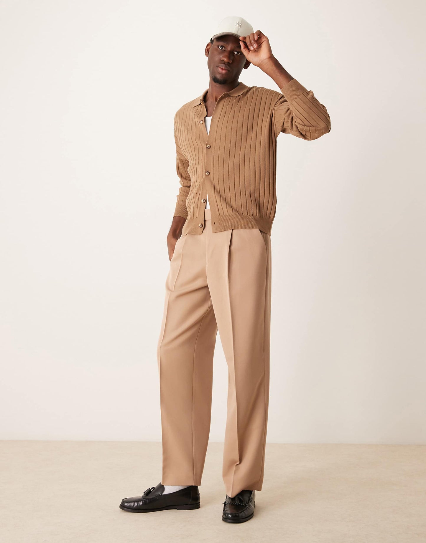 Relaxed Boxy Fit Knitted Long Sleeve Button Through Ribbed Polo