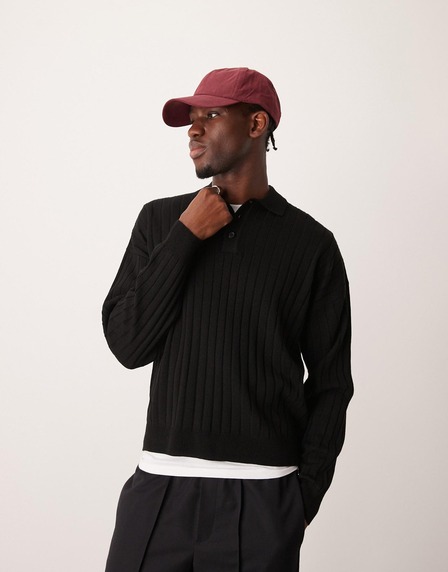 Relaxed Boxy Fit Knitted Long Sleeve Ribbed Polo Jumper