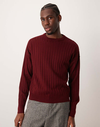 Relaxed Boxy Fit Knitted Crew Neck Ribbed Jumper