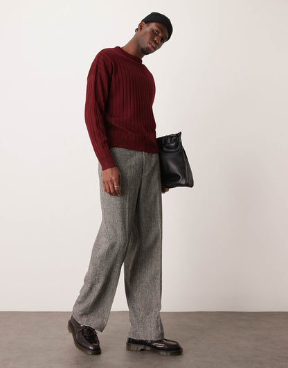 Relaxed Boxy Fit Knitted Crew Neck Ribbed Jumper