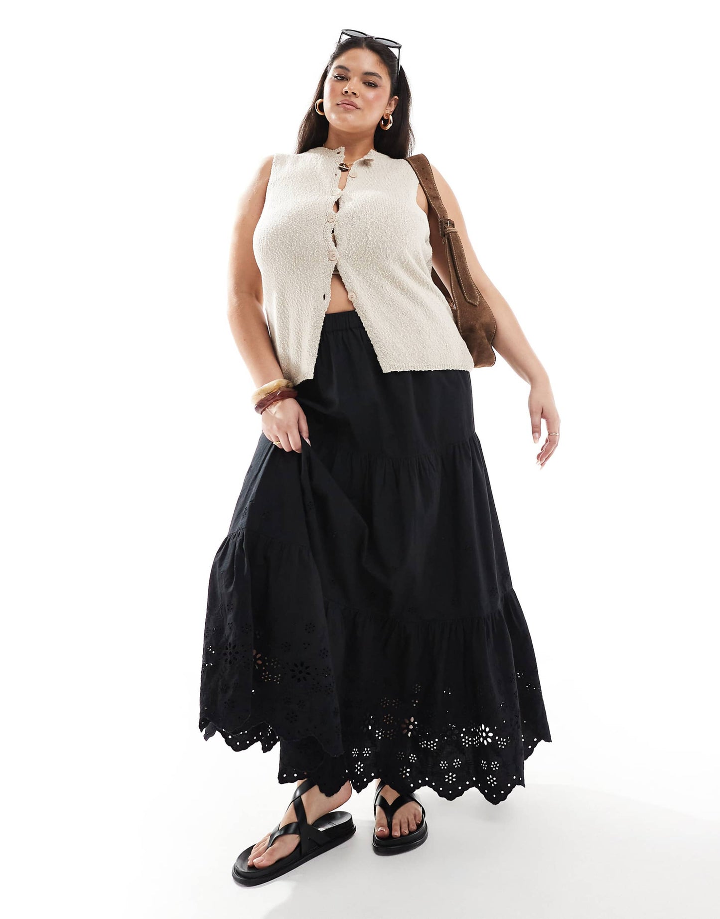 Curve Cutwork Cotton Maxi Skirt