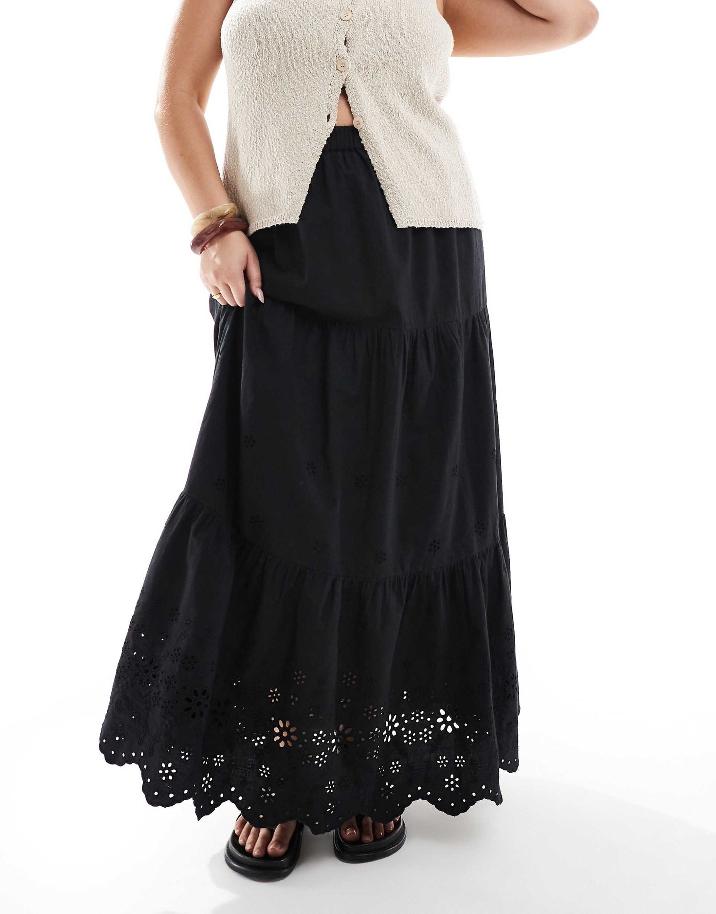 Curve Cutwork Cotton Maxi Skirt