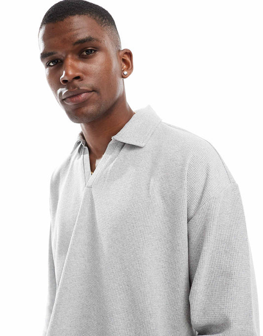 Oversized Jersey Polo Shirt With Waffle Texture