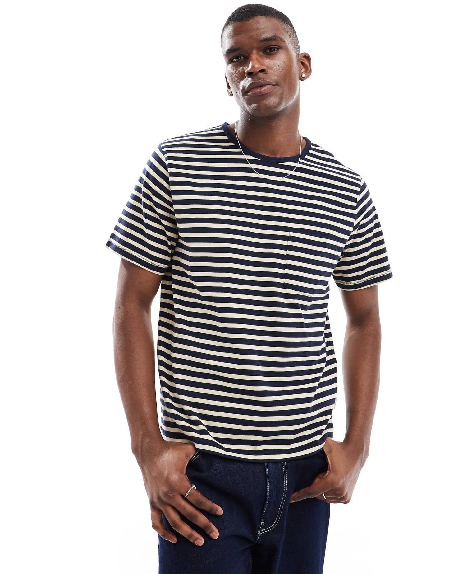 Icon Pocket Striped Tee In Dark Navy