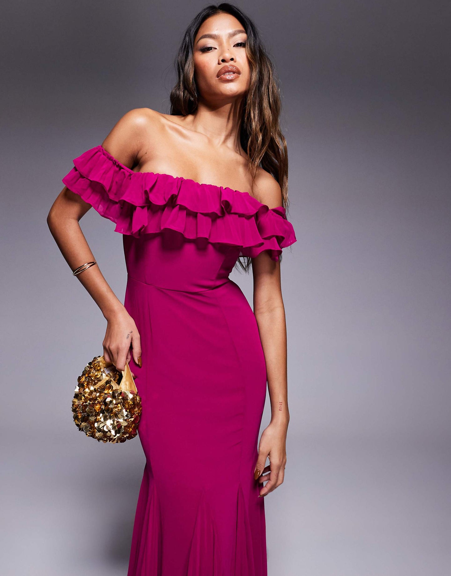 Frilled Off The Shoulder Pleated Chiffon Maxi Dress