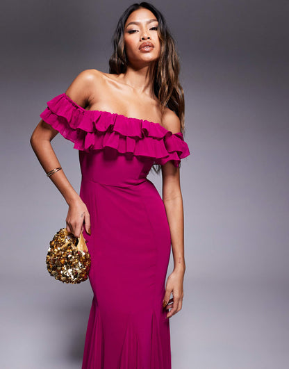Frilled Off The Shoulder Pleated Chiffon Maxi Dress