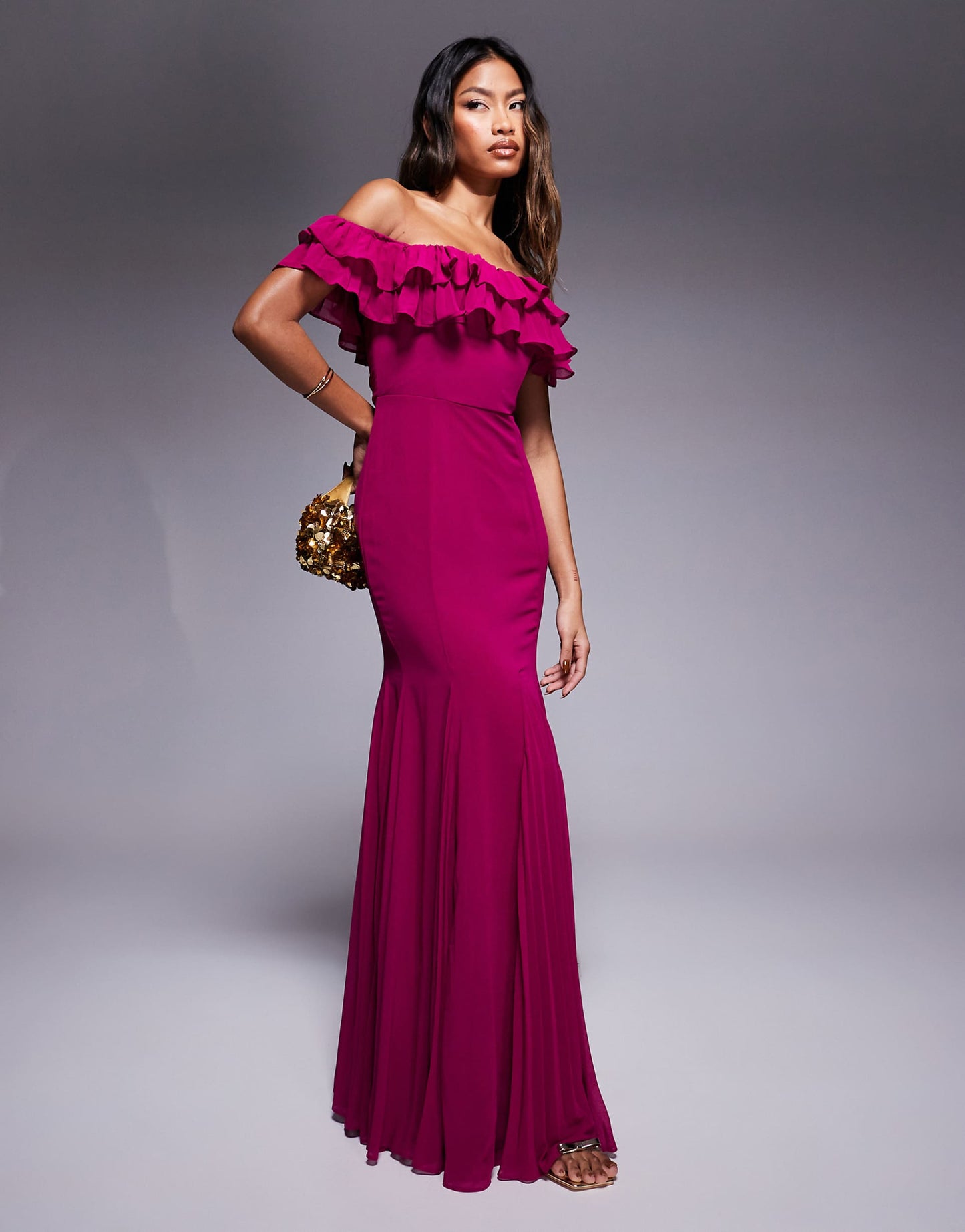 Frilled Off The Shoulder Pleated Chiffon Maxi Dress