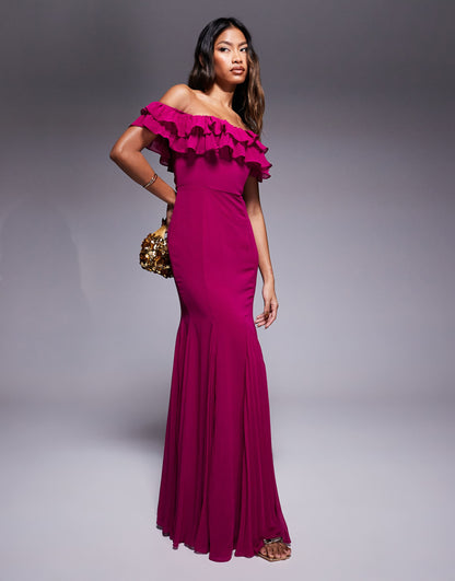 Frilled Off The Shoulder Pleated Chiffon Maxi Dress