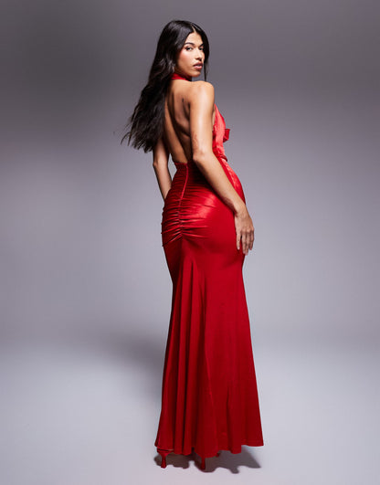 Halter Cowl Neck Back Maxi Dress