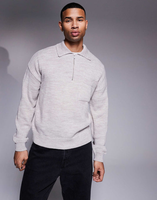 Relaxed Boxy Fit Knitted Quarter Zip Polo With Chest Pocket