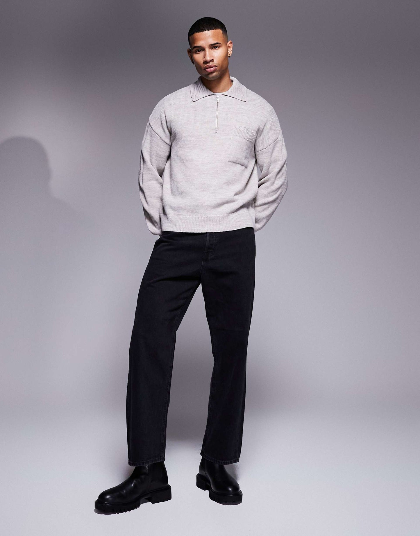 Relaxed Boxy Fit Knitted Quarter Zip Polo With Chest Pocket