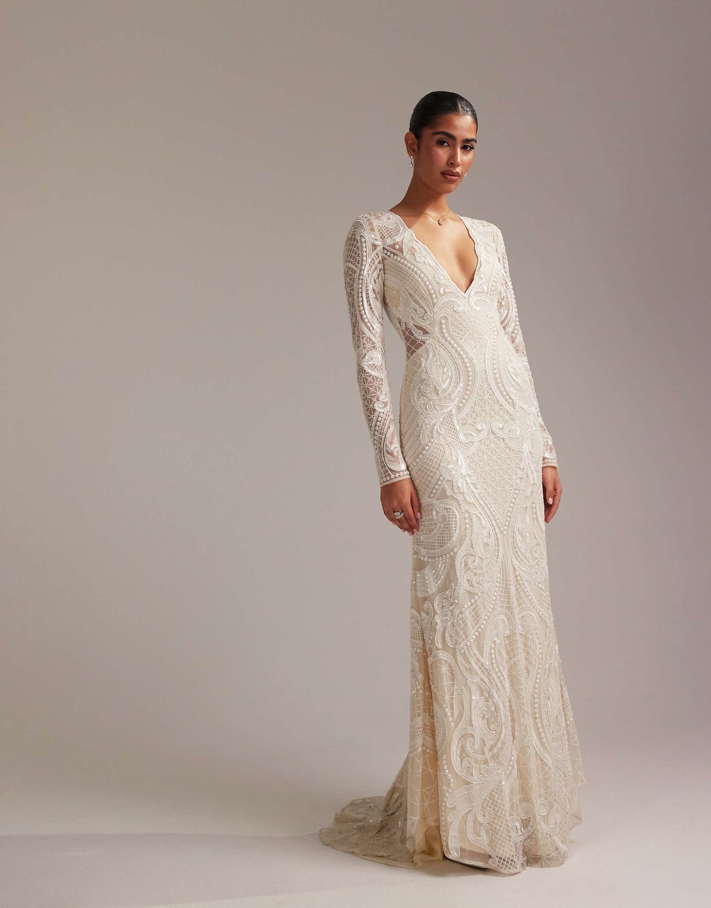 Embroidered Plunge Long Sleeve Maxi Wedding Dress