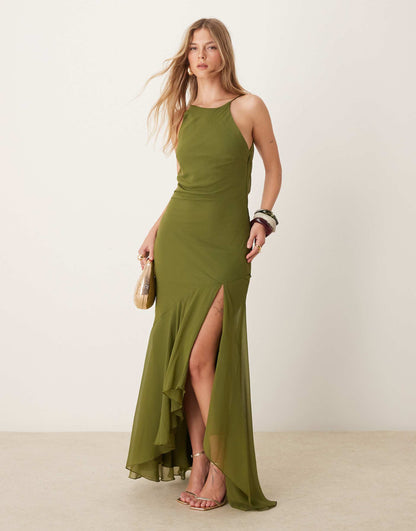 Racer Neck Low Cowl Back Maxi Dress With High Low Frill Hem