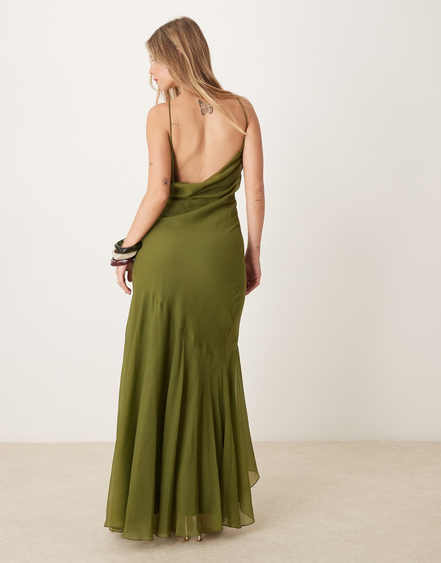 Racer Neck Low Cowl Back Maxi Dress With High Low Frill Hem