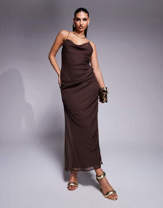 Asymmetric Neck Maxi Dress With Draped Skirt And Cutaway Split